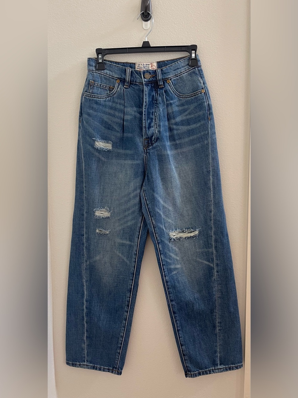 Sandrine Rose X Free PeopleBlue Wide Leg Pleated Distressed Jeans NEW Size 25